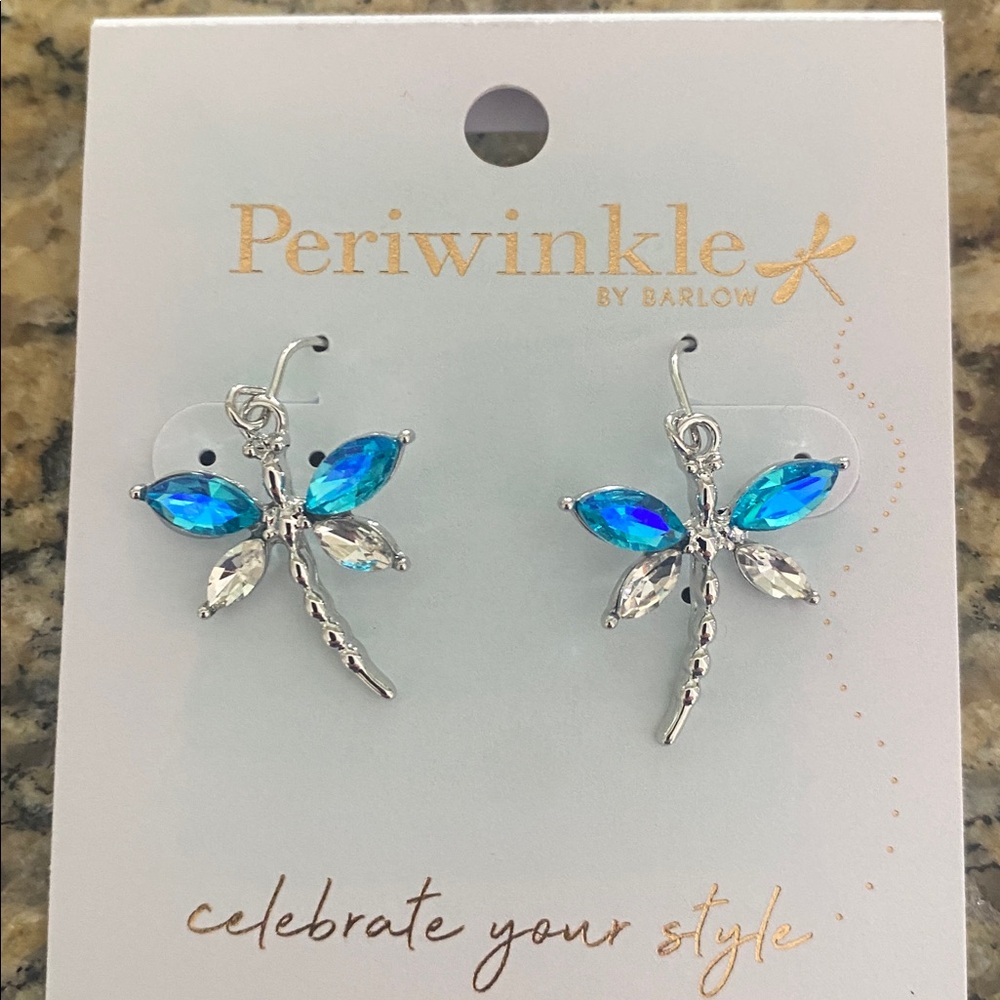 Iridescent Blue & clear Dragonfly Dangle Earrings by Periwinkle by Barlow NWT